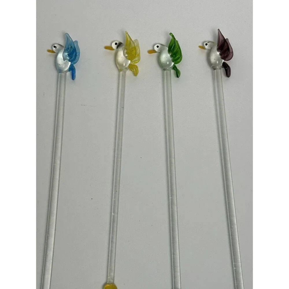 4 Vtg MCM Hand Blown Art Glass Bird Swizzle Stir Sticks Blue Green Yellow Purple